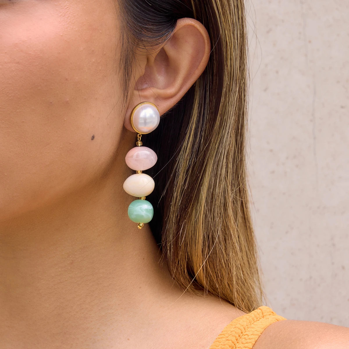 Kika Delicatecolored Brown Series Dyed Resin Glass Pearl Tassel Earrings