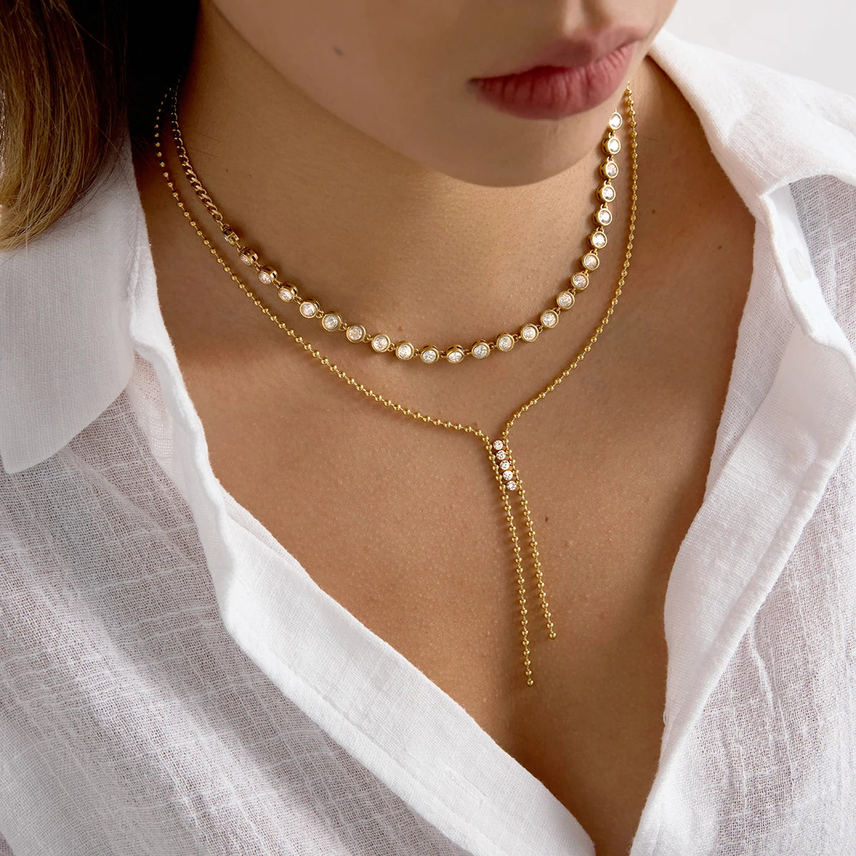 Kika Classic 18k White Rhinestone Bead Chain Y-shaped Chain Tassel Necklace