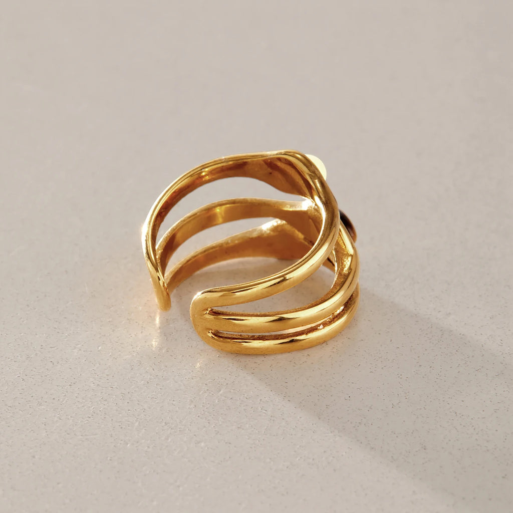 KIKA Vintage Black Agate Tiger Eye Natural Stone Open Rings For Women 18K Gold Plated Stainless Steel Rings Fashion Jewelry