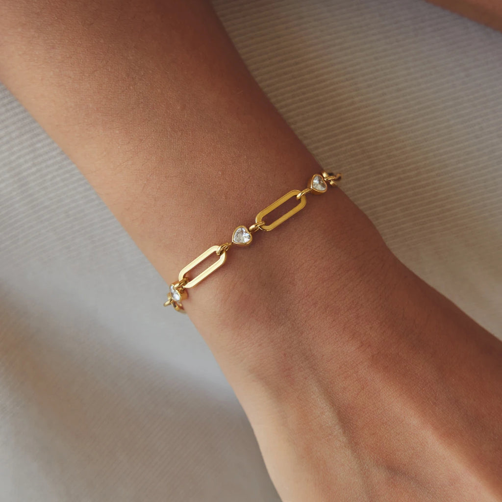KIKA Heart Zircon Paperclip Chain Bracelet For Women Minimalist 18K Gold PVD Plated Stainless Steel Bracelet Fashion Jewelry