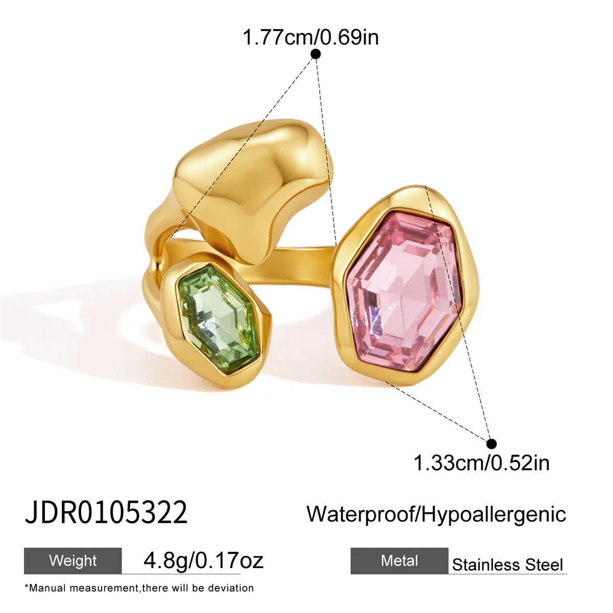 Kika Elegant Multicolor Glass Stone Geometric Open Rings 18K Gold Plated Stainless Steel 316L