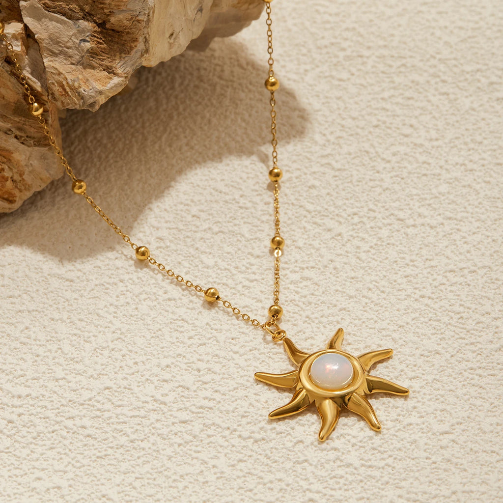 Kika  Designer Classic Opal Sun Pendant Bead Chain Necklace