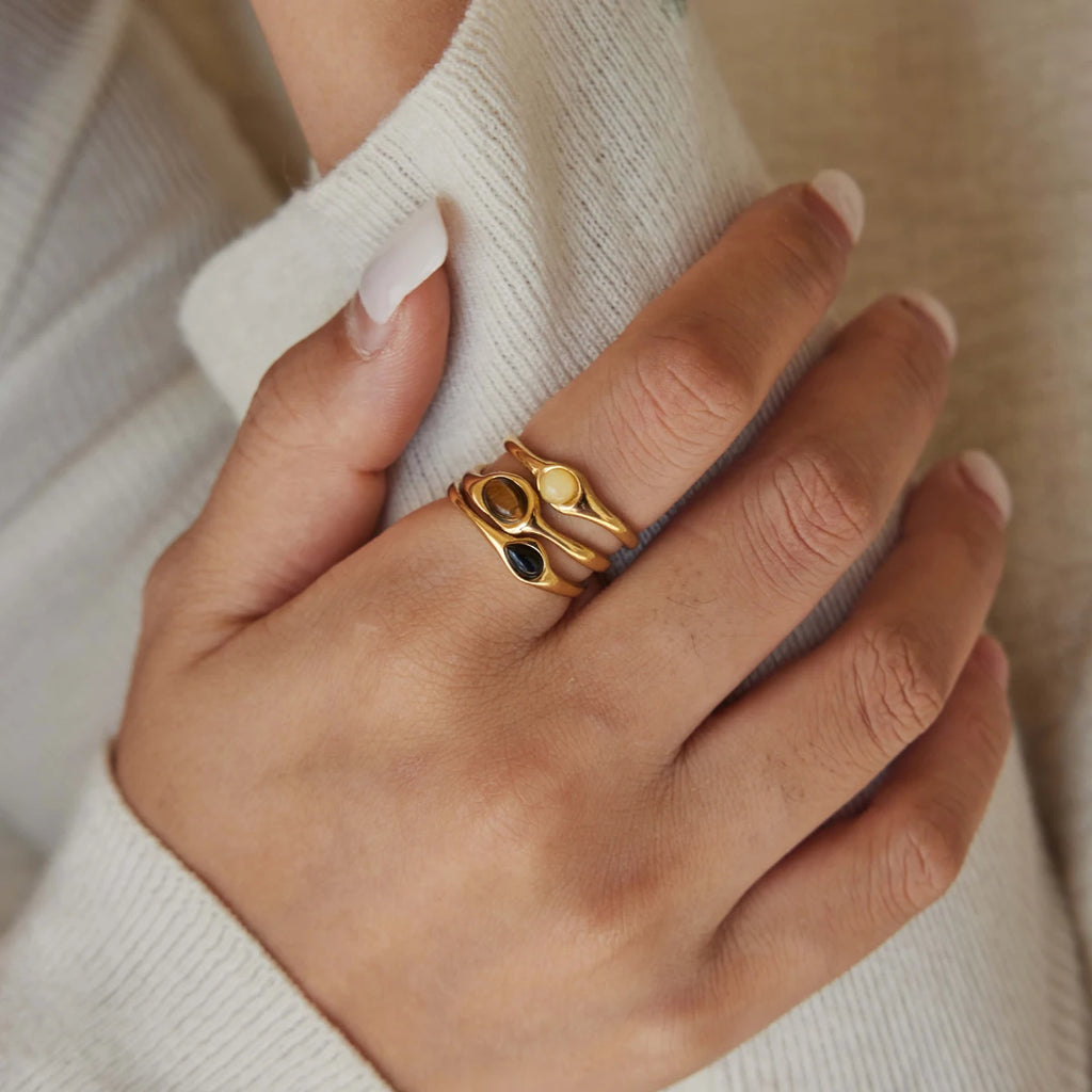 KIKA Vintage Black Agate Tiger Eye Natural Stone Open Rings For Women 18K Gold Plated Stainless Steel Rings Fashion Jewelry