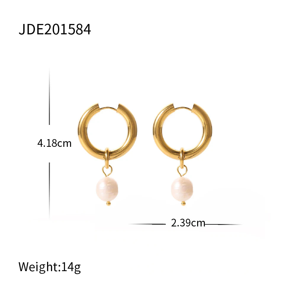 KIKA 316L Stainless Steel 316L Natural Pearl Hoop Earrings Trendy Metalic Golden Geometric