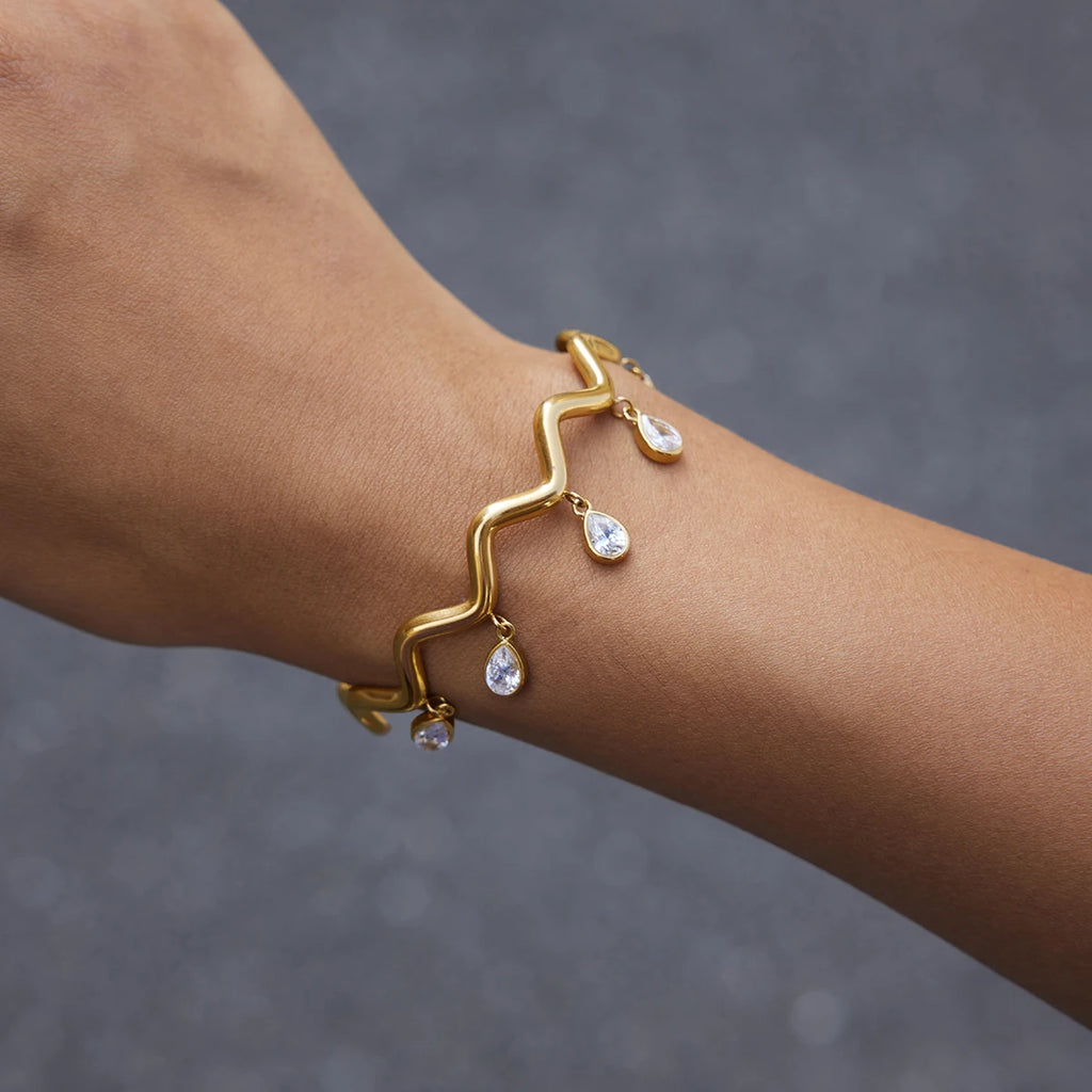 KIKA Water Drop Zircon Wave Shape Cuff Bracelet PVD 18K Gold Plated Stainless Steel 316L