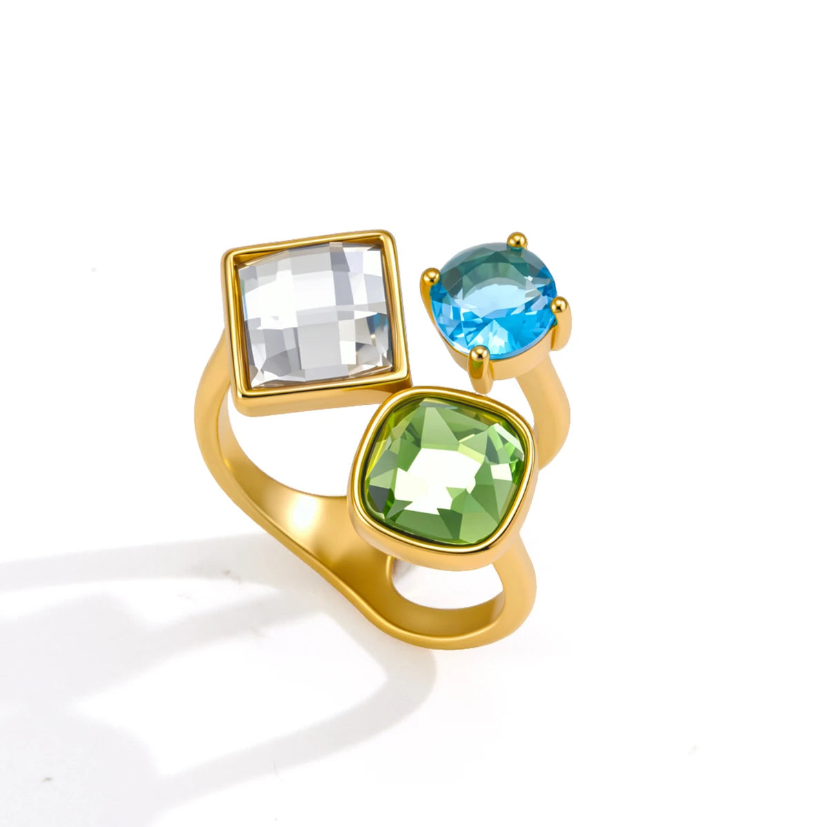 KIKA Delicate Square Yellow Blue White Spliced Zircons Open Ring PVD Plated Stainless Steel 316L