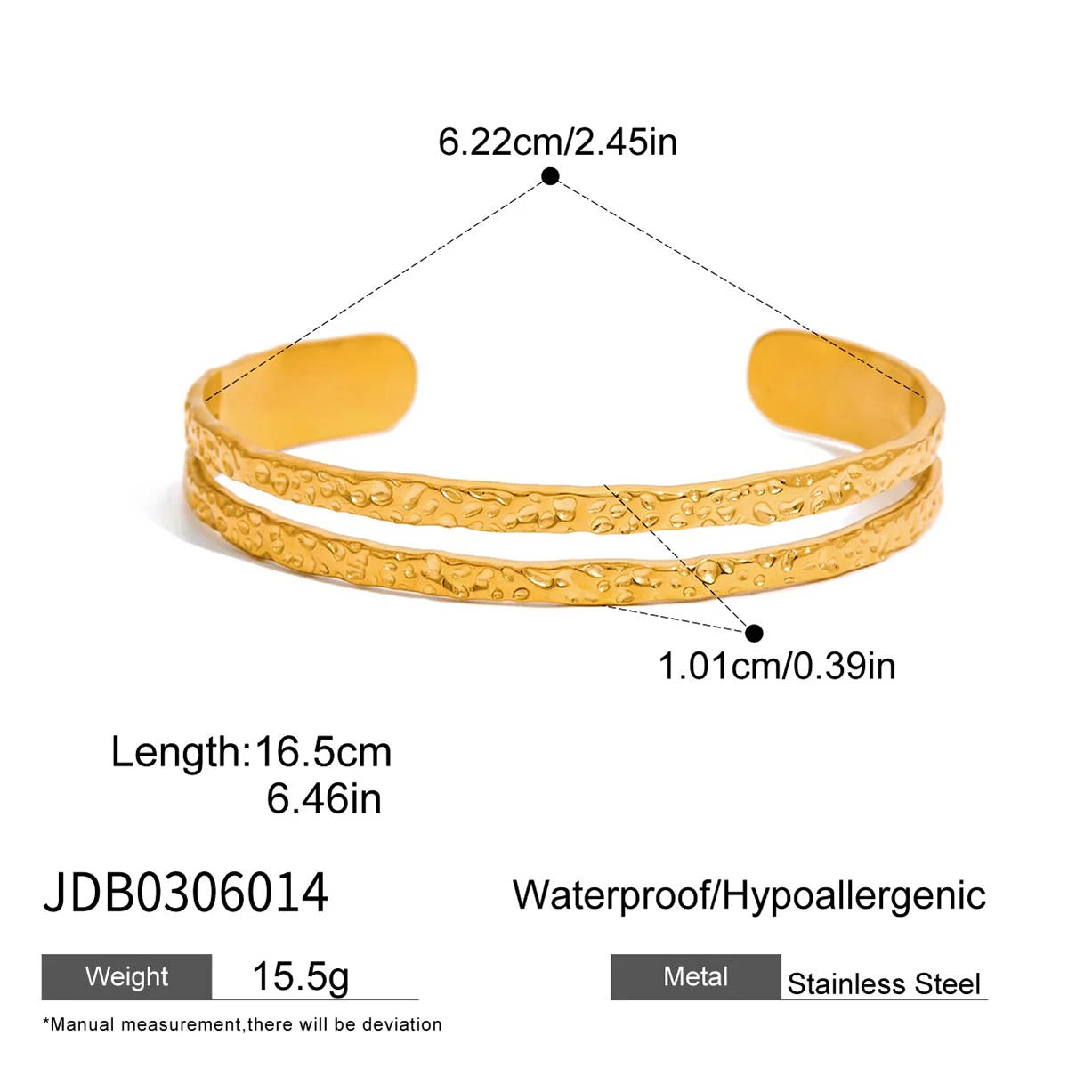 KIKA Minimalist 18K Gold Color Plated Stainless Steel Hammer Pattern Double Layer Bracelet Foldable Wrinkle Bracelet Women's