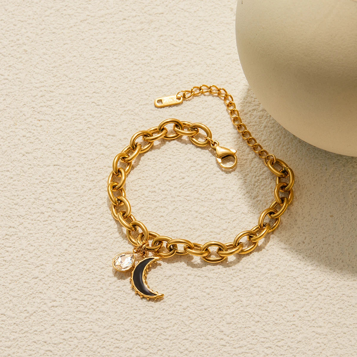 KIKA Minimalist 18K Gold Color PVD Plated Stainless Steel 316L Rhinestone Water Drop Pendant Black Oil Drop Moon