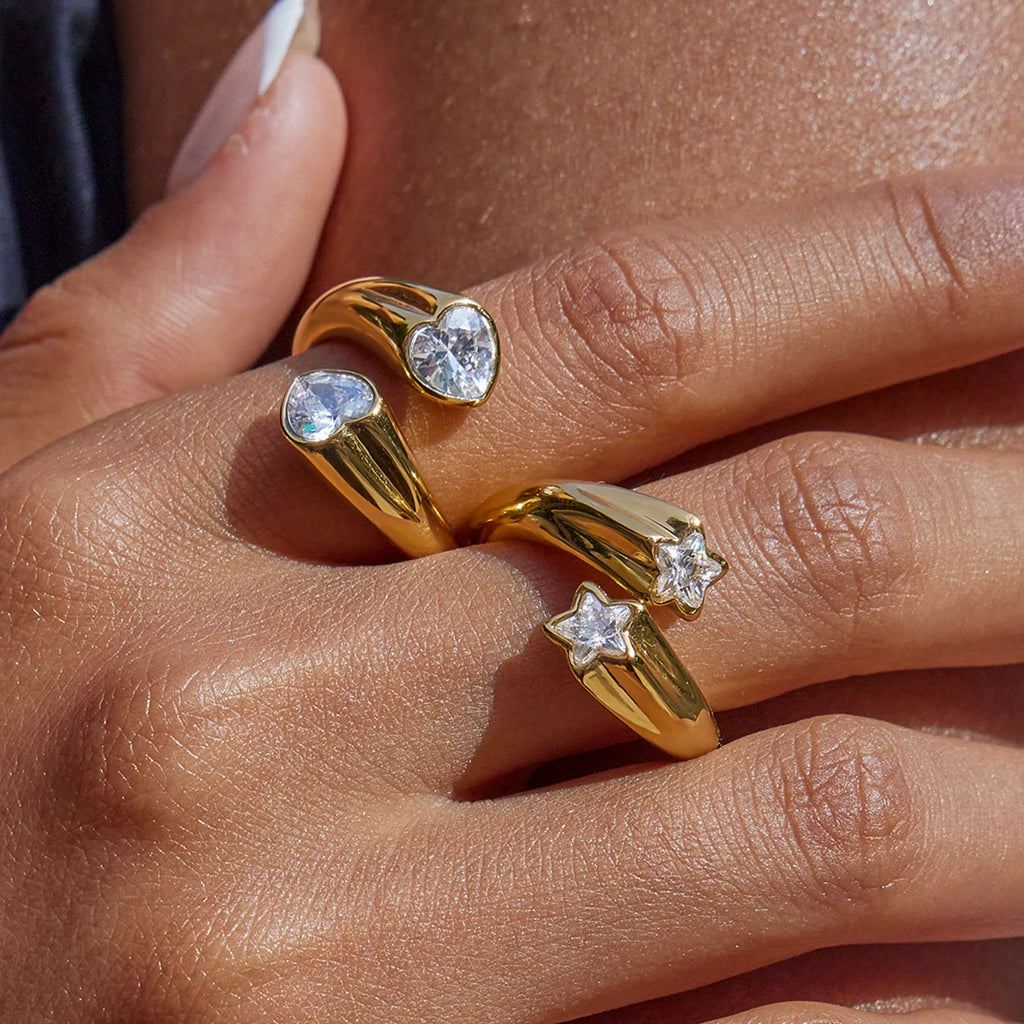 KIKA Minimalist 18K Gold Color PVD Plated Stainless Steel 316L White Heart Shaped Zircon Ring Star Stackable