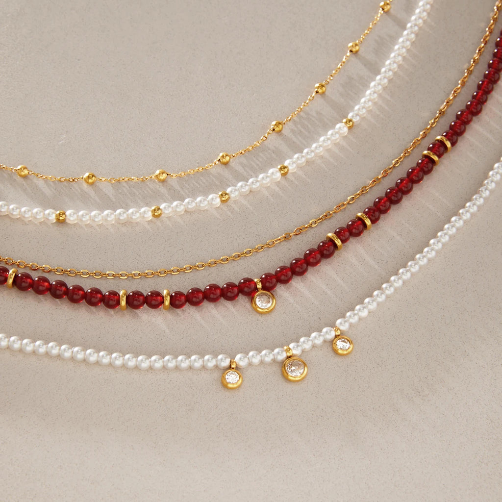 KIKA Red Agate Stone Imitation Pearl Beaded Necklace 18K Gold Plated Stainless Steel 316L