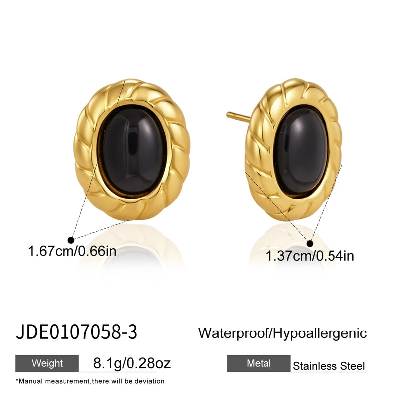 KIKA Vintage Black Resin Stud Earrings For Women Minimalist 18K Gold PVD Plated Stainless Steel 316L Earrings Fashion Jewelry Gift