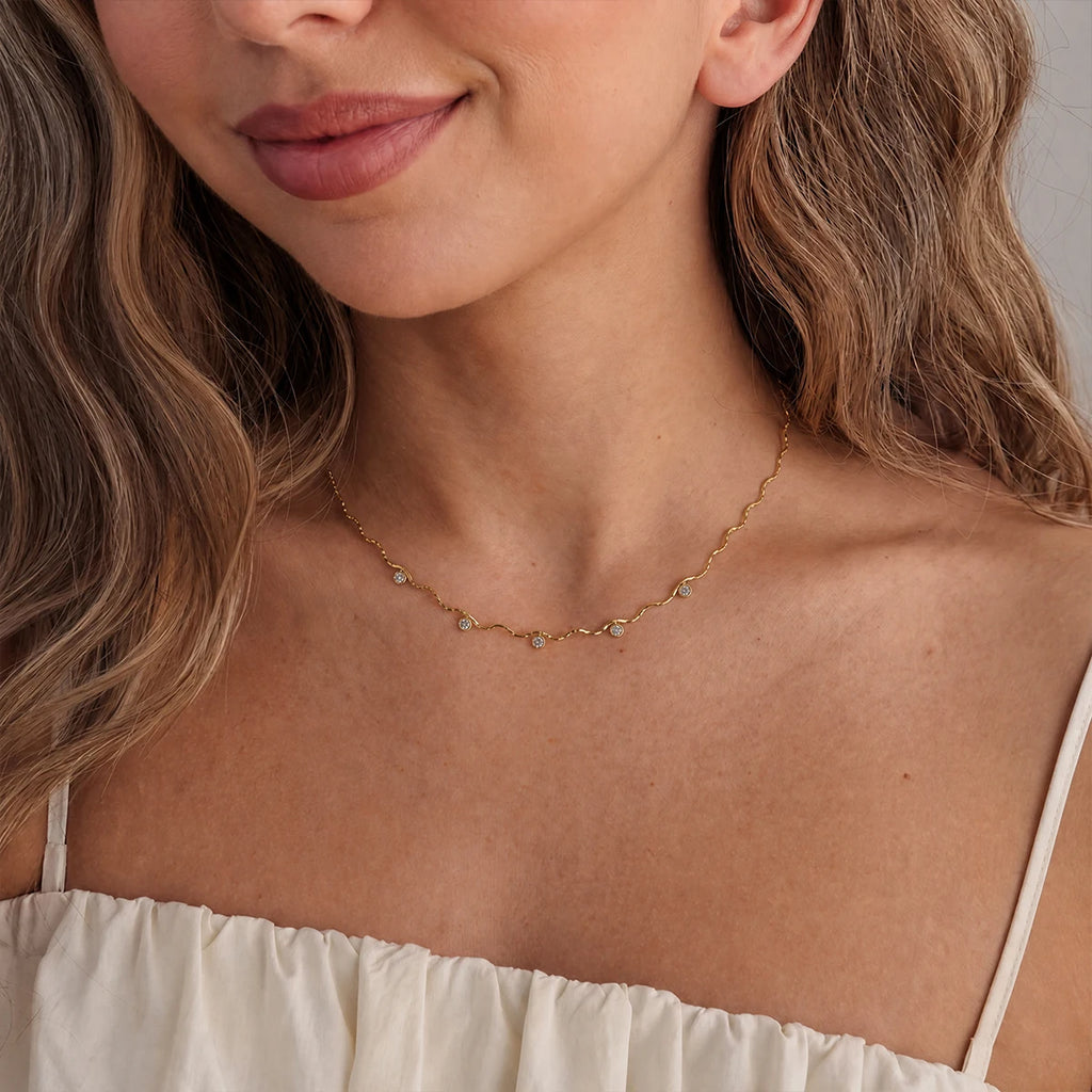 Kika Delicate Tiny Zircon Wave Shape Chain Necklace