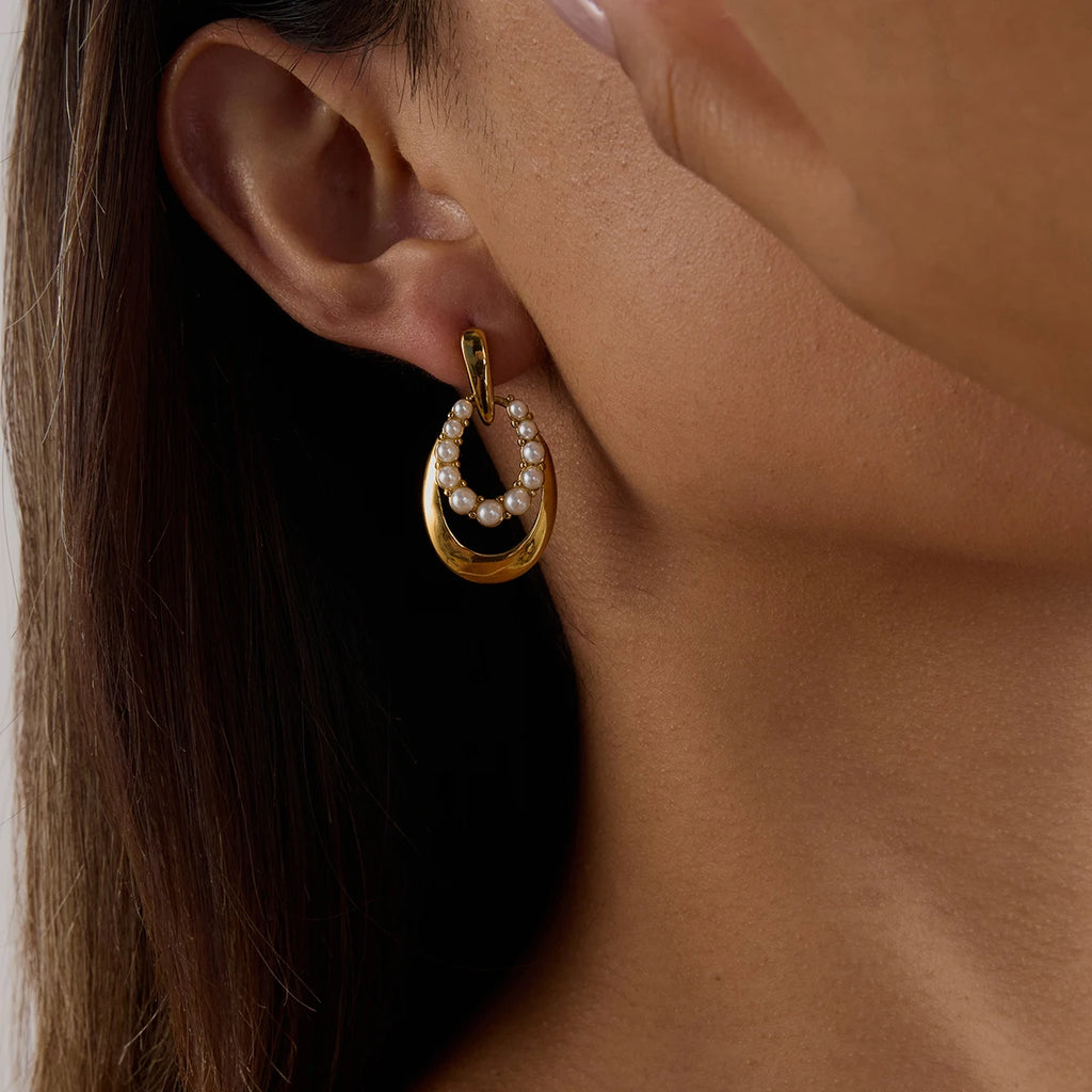 KIKA Fashion Pearl Hollow Door Handle Earrings 18K Gold Color PVD Plated Stainless Steel 316L Oval