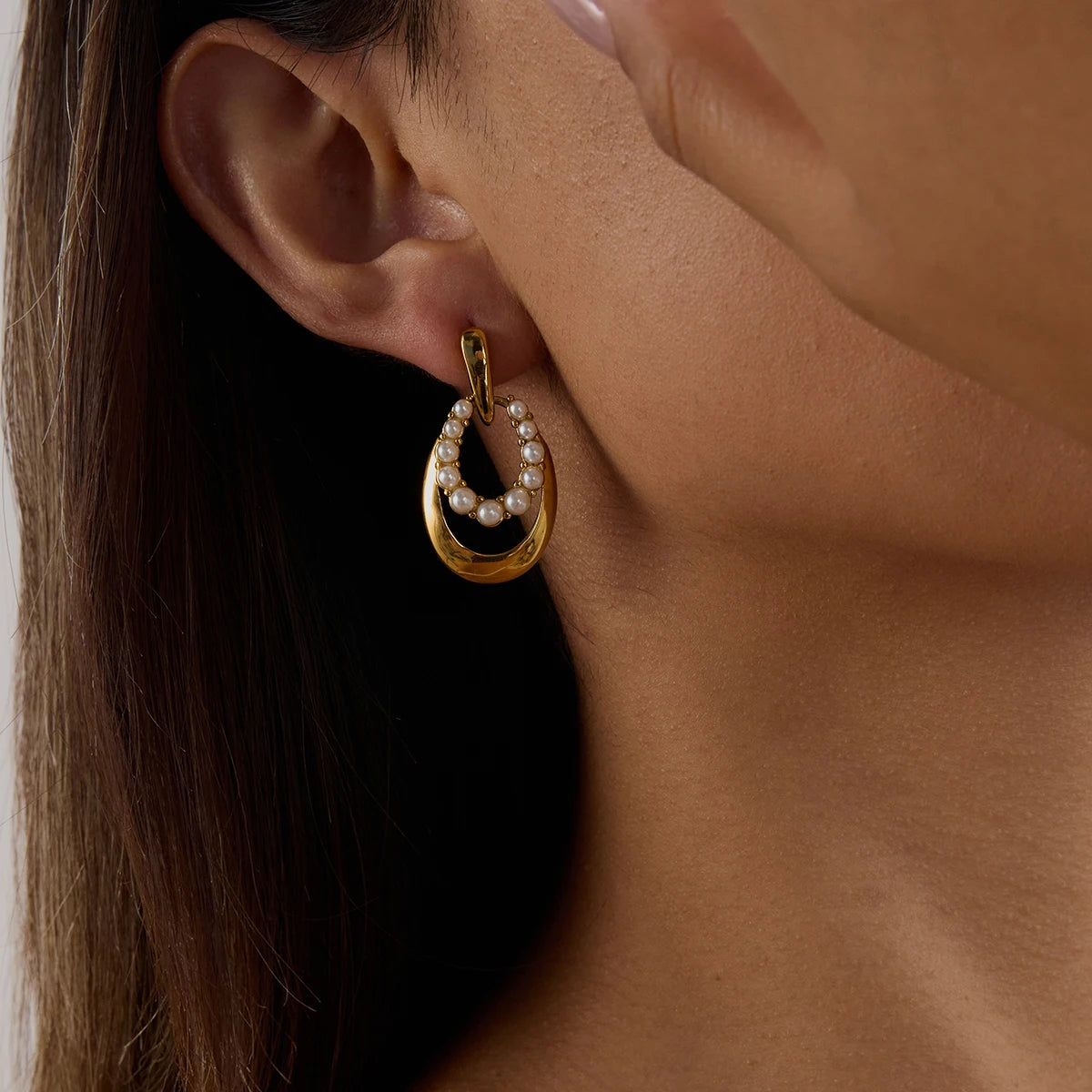 KIKA Fashion Pearl Hollow Door Handle Earrings 18K Gold Color PVD Plated Stainless Steel 316L Oval
