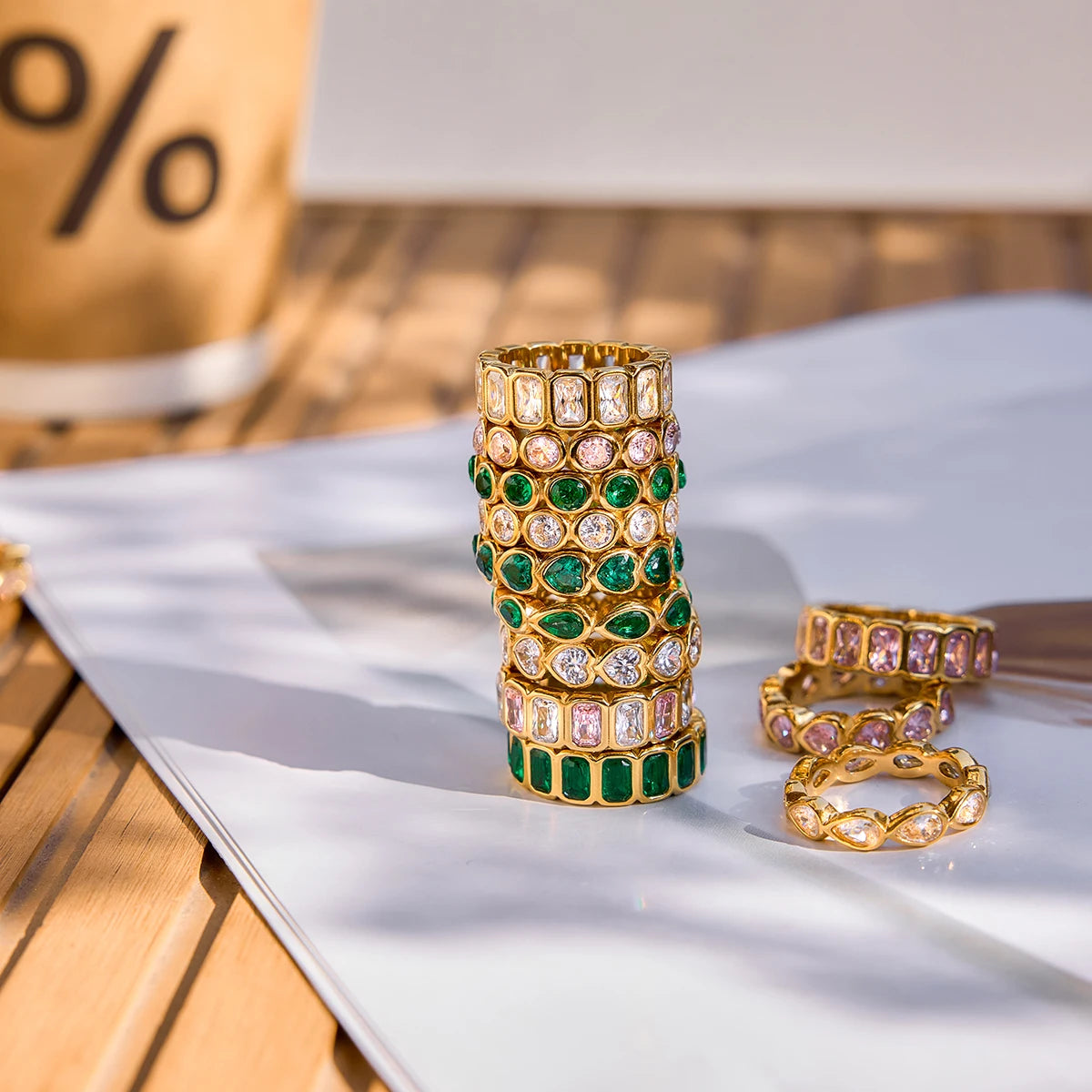 Kika Sparkling Pink Green Zircon Stacked Ring