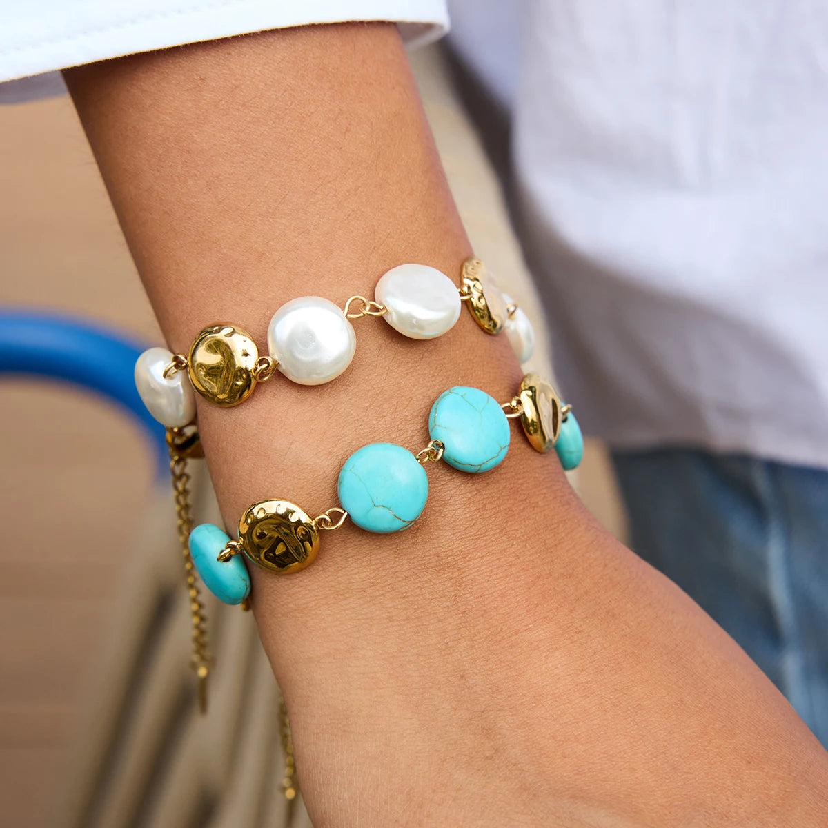 KIKA Vintage 18K Gold Color Plated Stainless Steel Turquoise Coin Round Bracelet  Stackable Pearl Bracelet