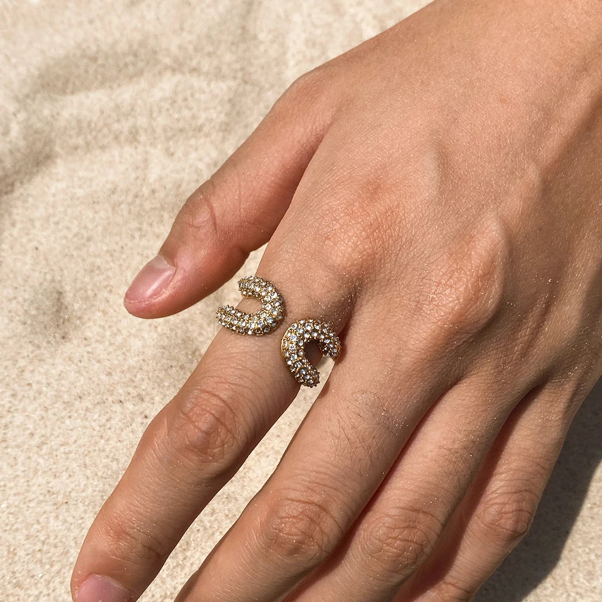 Kika Minimalist 18K Gold Color Plated Stainless Steel White Rhinestone Paper Clip Ring