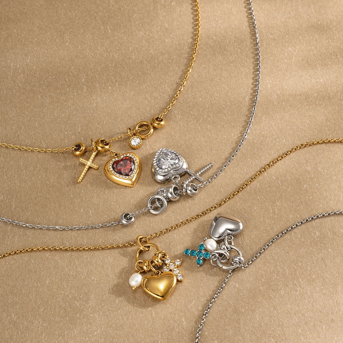 Kika Delicate Steel Color Cross Heart-Shaped Pendant With White Rhinestone Zircon O-Chain Necklace