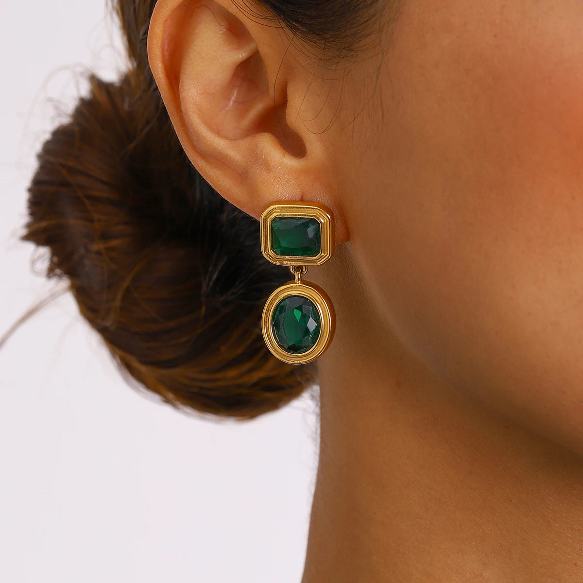 Kika Vintage Geometry Green Zircon Stacked Earrings