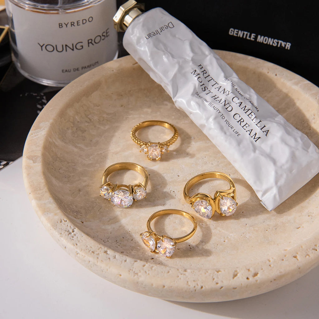 KIKA Classic MInimalist 18k Gold Color PVD Plated Droplet Shaped Large White Zircon Rings Waterproof  Stainless Steel 316L