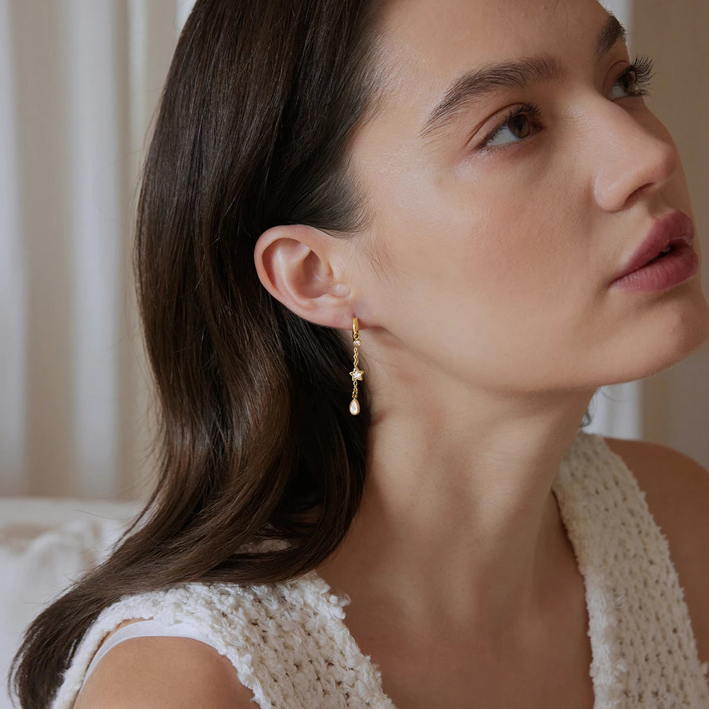 KIKA Round Star Water Drop Zircon Earrings  18K Gold Plated Stainless Steel 316L