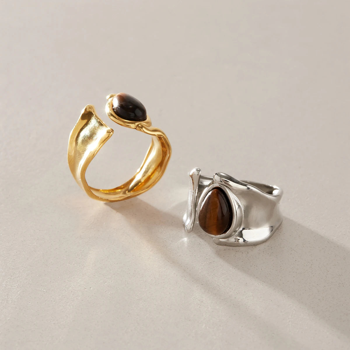 KIKA Vintage Water Drop Shape Tiger Eye Stone Open Rings 18K Gold PVD Plated Stainless Steel 316L