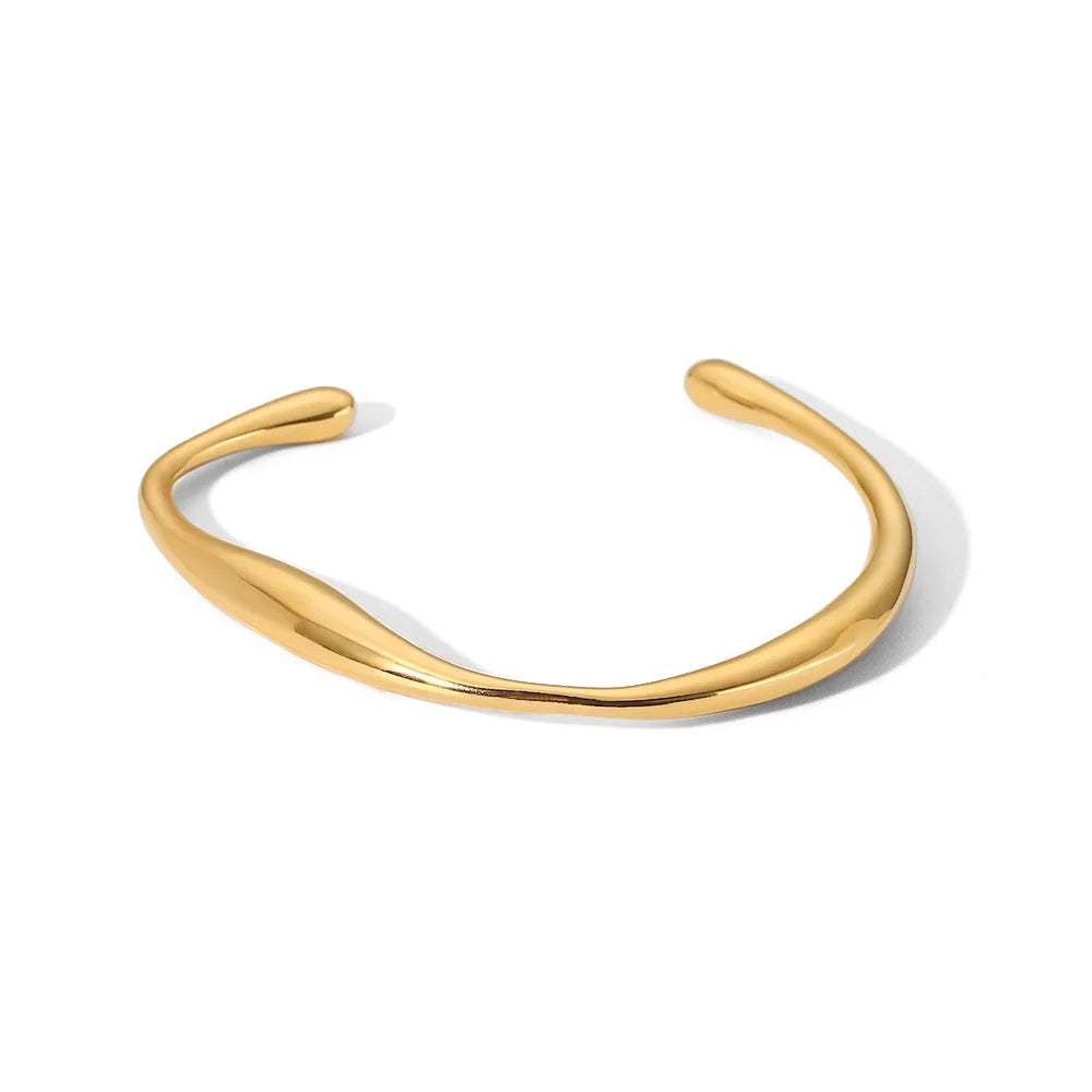 Kika Waterproof Metal Texture 18K Gold Color Stainless Steel Cuff Open Bracelet Bangle