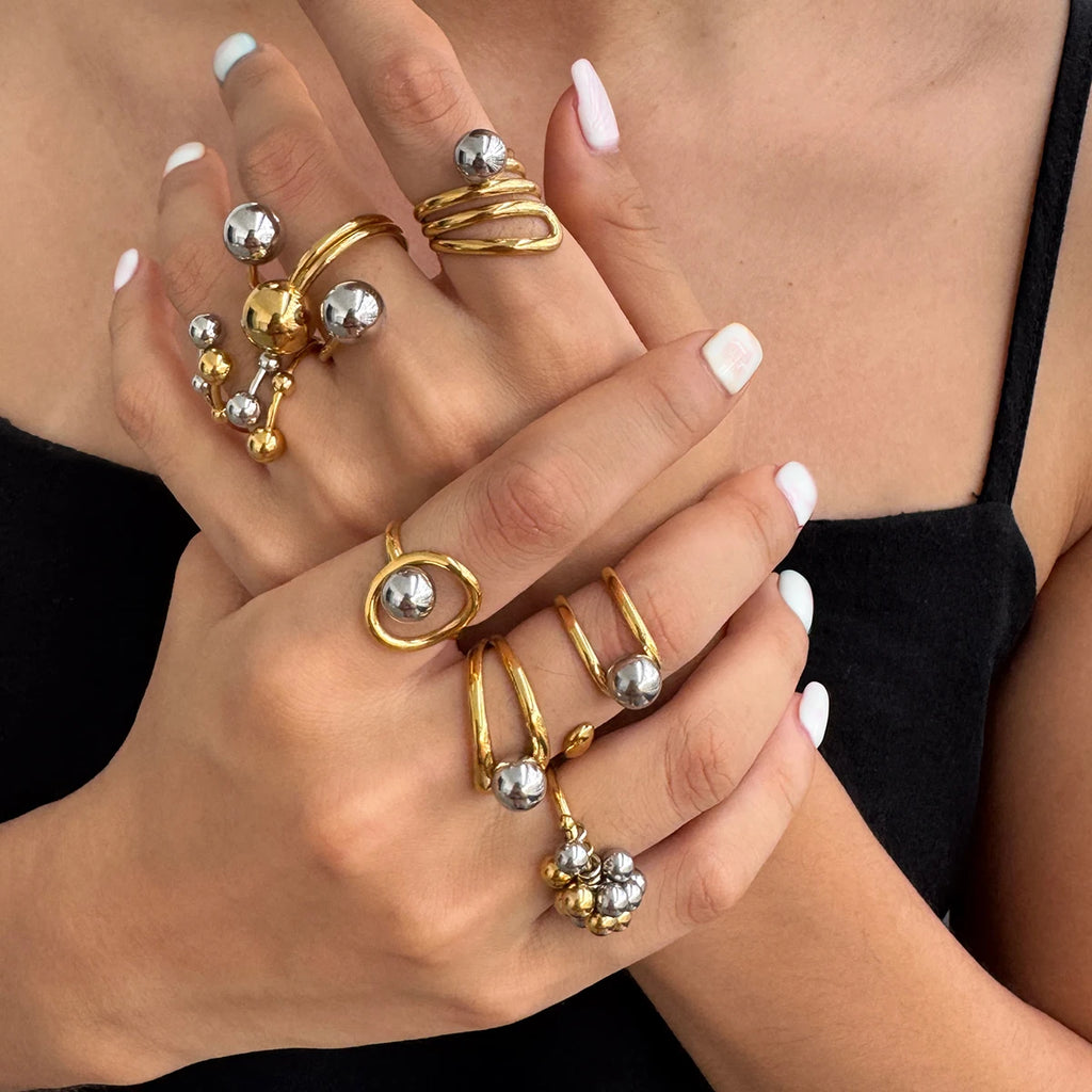 KIKA Minimalist 18k Gold Color PVD Plated Stainless Steel 316L Double tone Line Hollow Steel Ball Ring Personality Statement Stackable