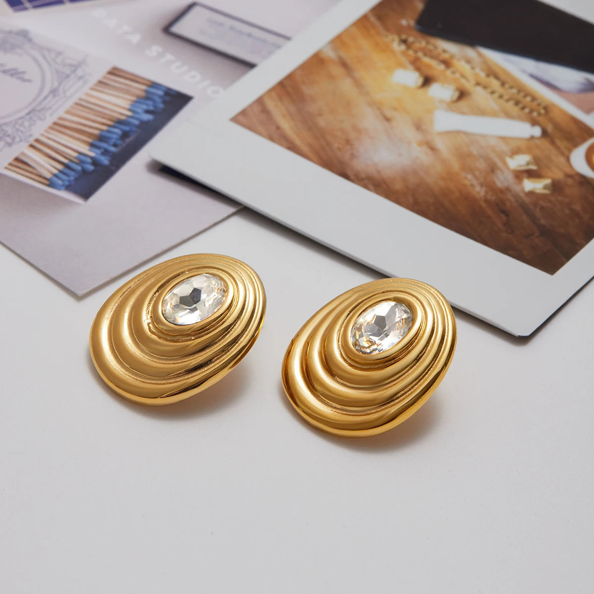 Kika Minimalist 18K Gold Color Plated Stainless Steel Round White Zircon Ribbed Round Ear Studs