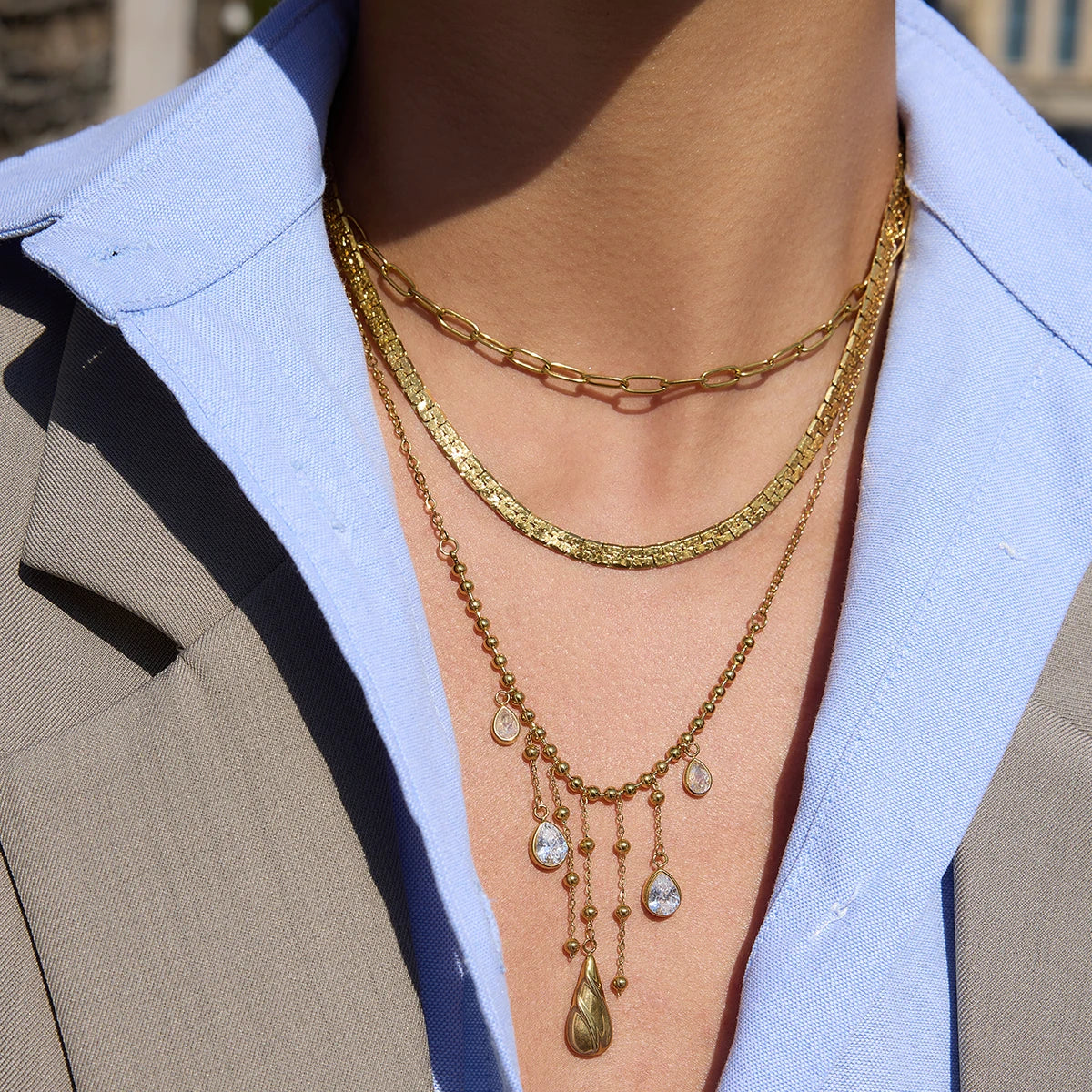 Kika Vintage Drop-Shaped Zircon Tassel Pendant O-Chain Necklace
