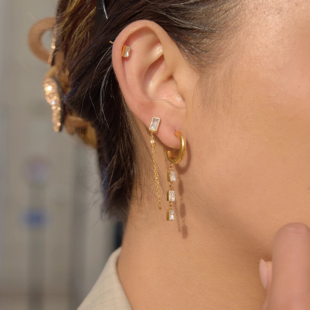 3 Pairs Geometric Water Droplet Rhinestone Earrings