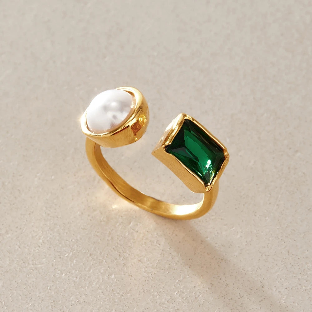 KIKA Elegant Zircon Imitation Pearl Open Rings For Women Minimalist 18K Gold PVD Plated Stainless Steel Rings Fashion Jewelry