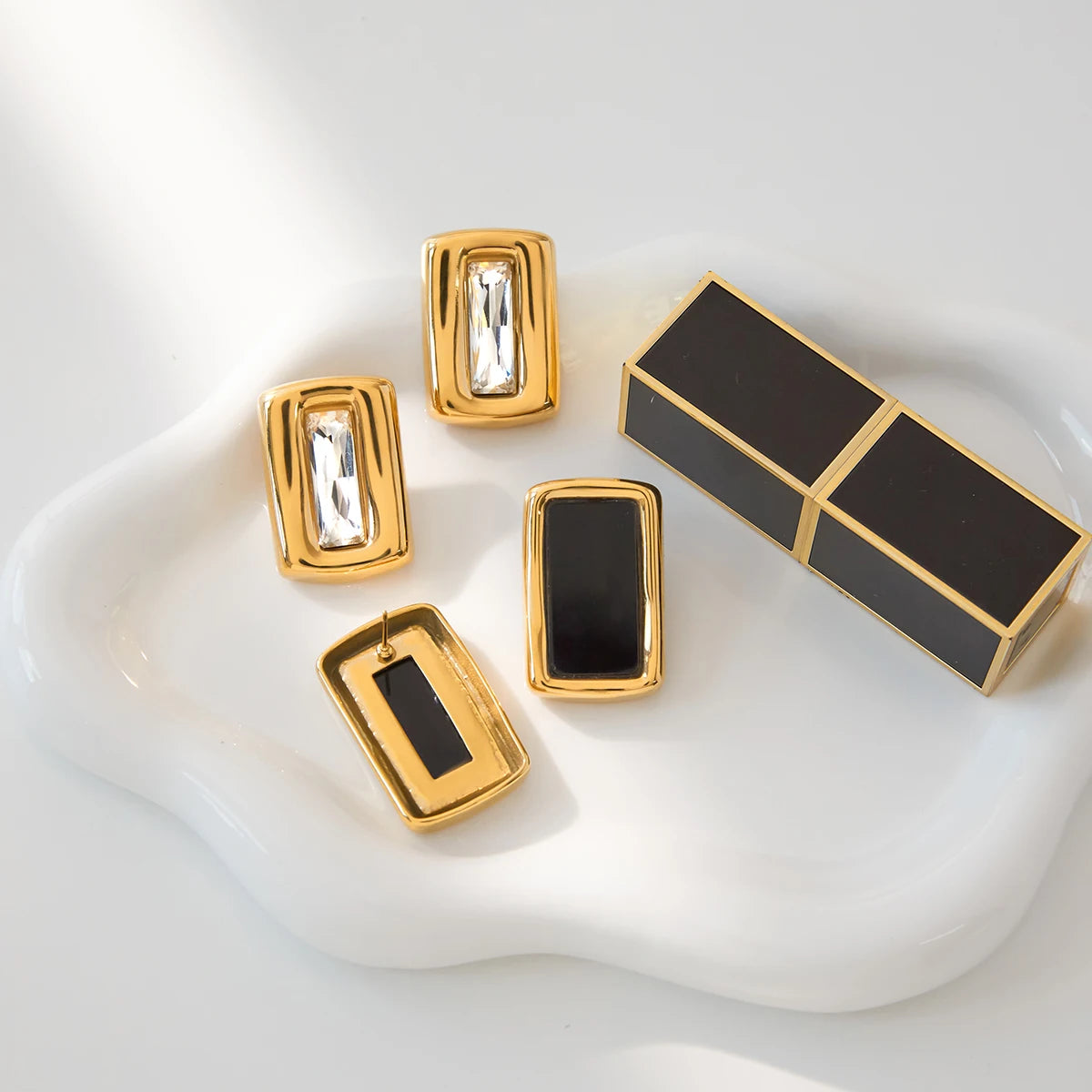 KIKA Vintage Gold Color Square Shape With Zircon Earring  PVD Plated Stainless Steel 316L