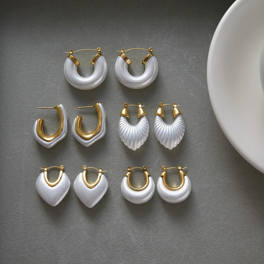 White Resin Pearl Smooth Earring Hypoallergenic Waterproof Stainless Steel