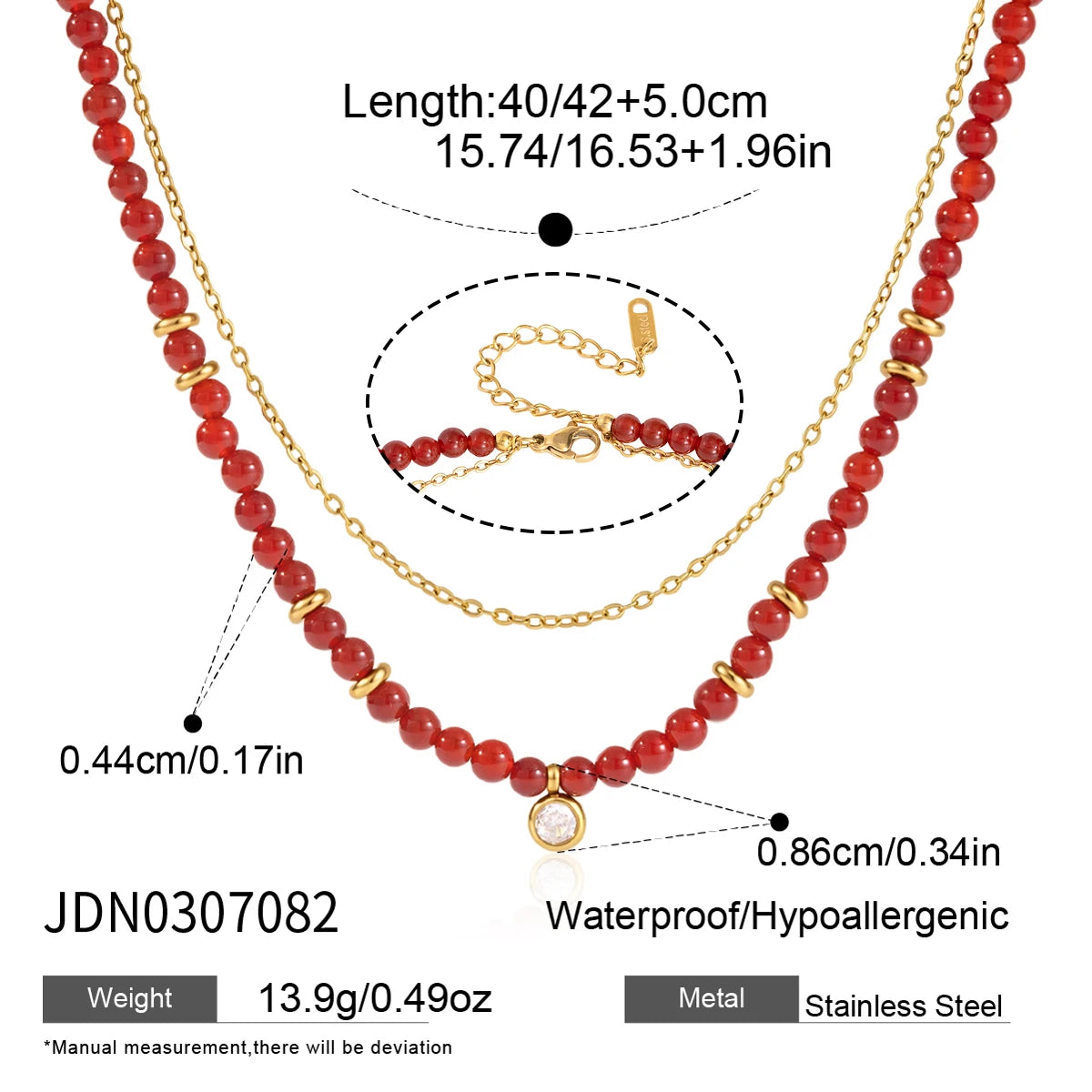 KIKA Red Agate Stone Imitation Pearl Beaded Necklace 18K Gold Plated Stainless Steel 316L