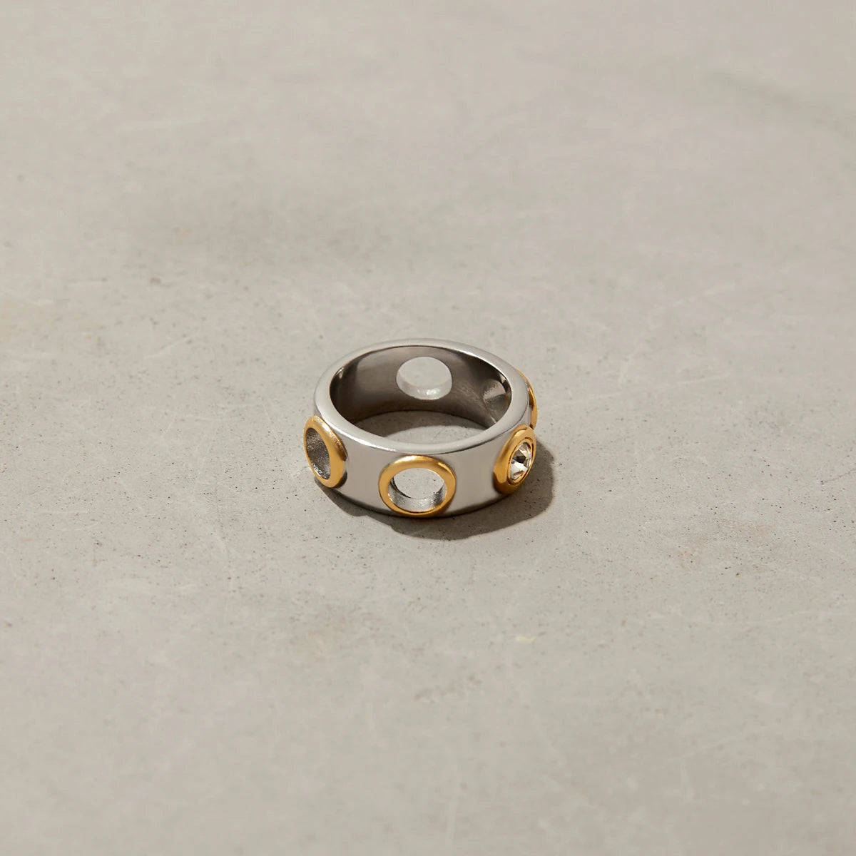 Kika Minimalist 18K Gold Color Plated Stainless Steel Two tone Zircon Ring Round Hollow Stackable Ring Women's Jewelry