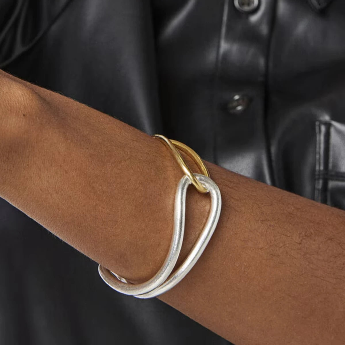 KIKA Minimalist 18K Gold Color Plated Stainless Steel Two tone Bracelet with Twisted Lines and Knots Hollow Bracelet Women's J