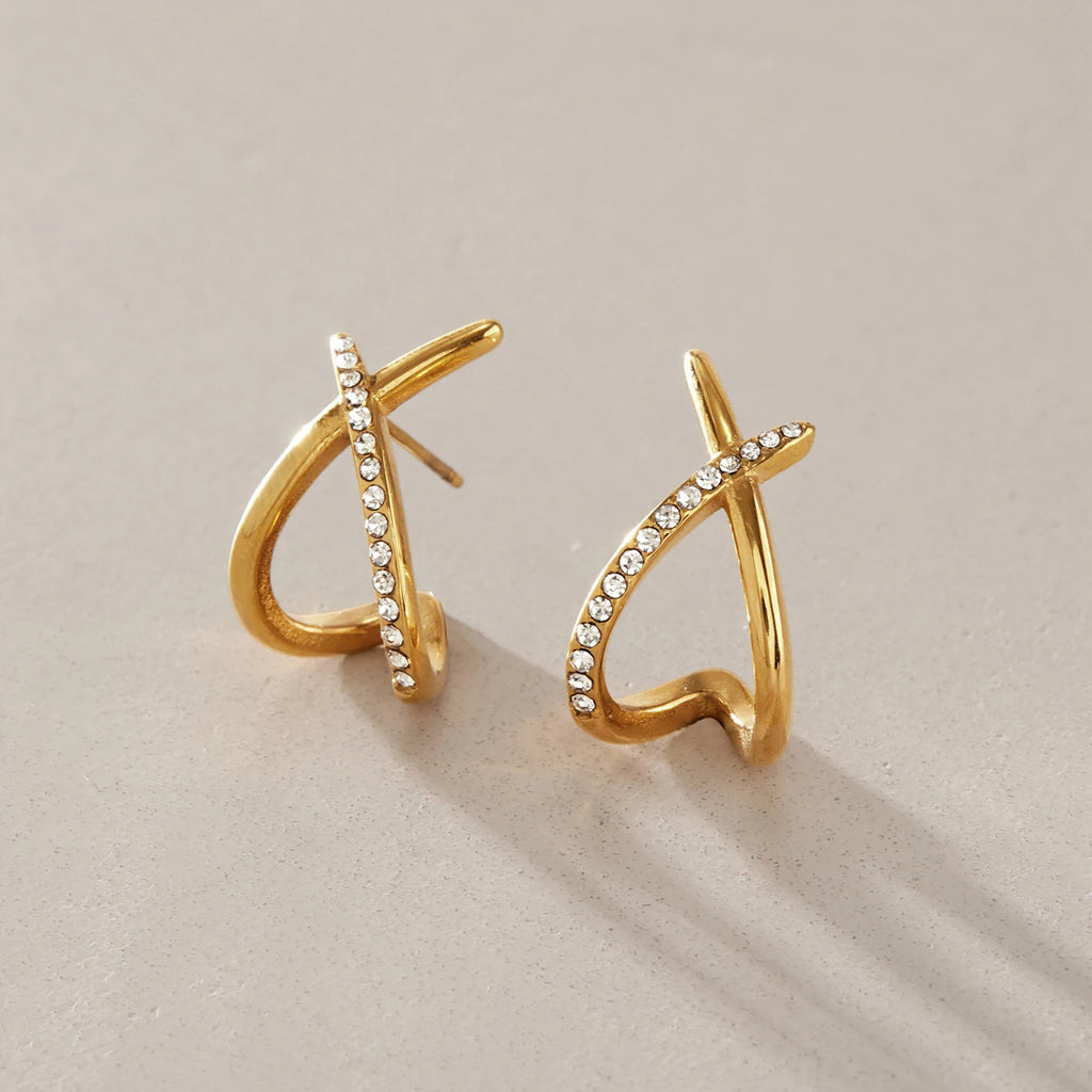 Kika Classic Crossed C Shape Stud Earrings Minimalist 18K Gold Plated Stainless Steel 316L