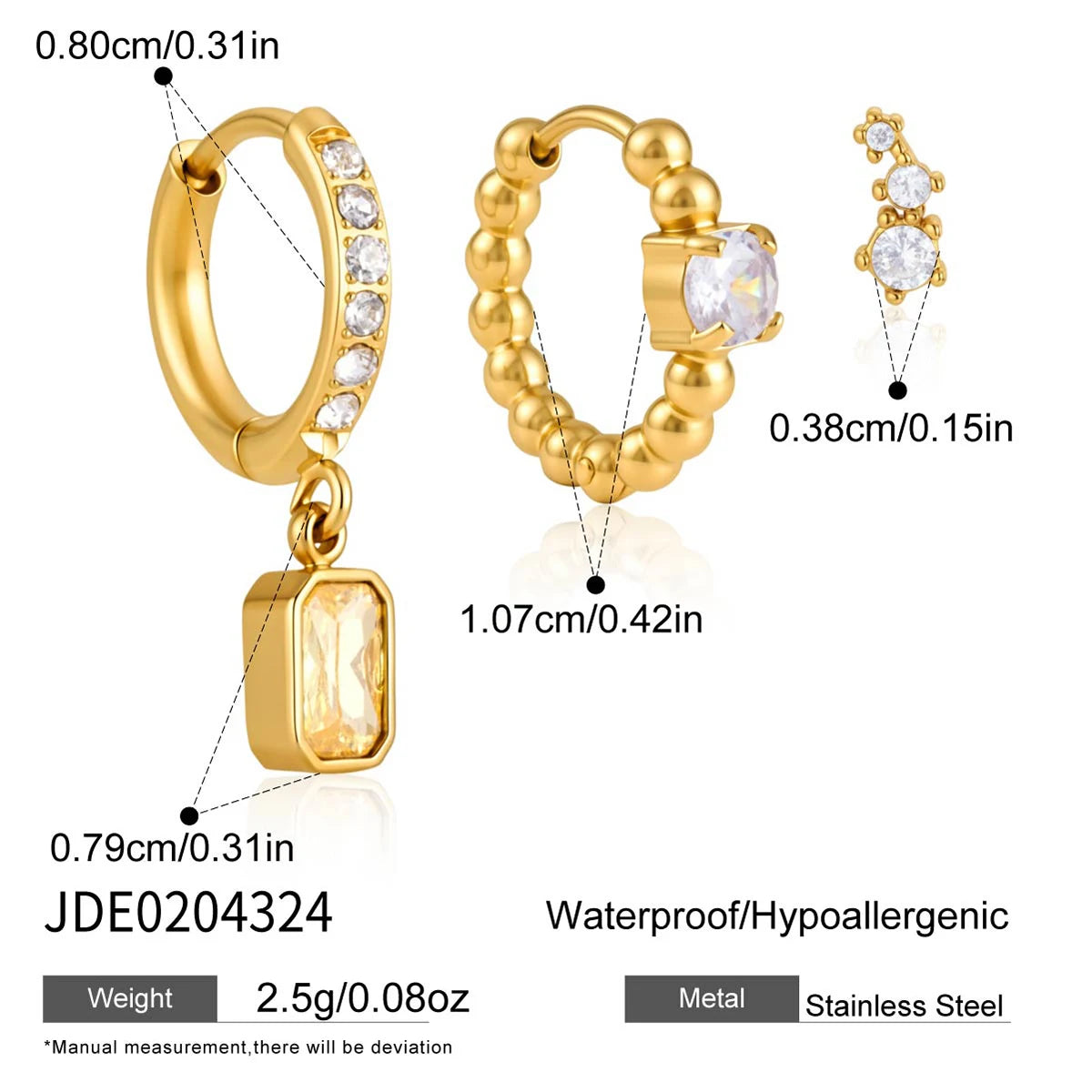 KIKA3 Pcs/Set Geometric Zircon Earrings PVD Gold Plated Stainless Steel316L