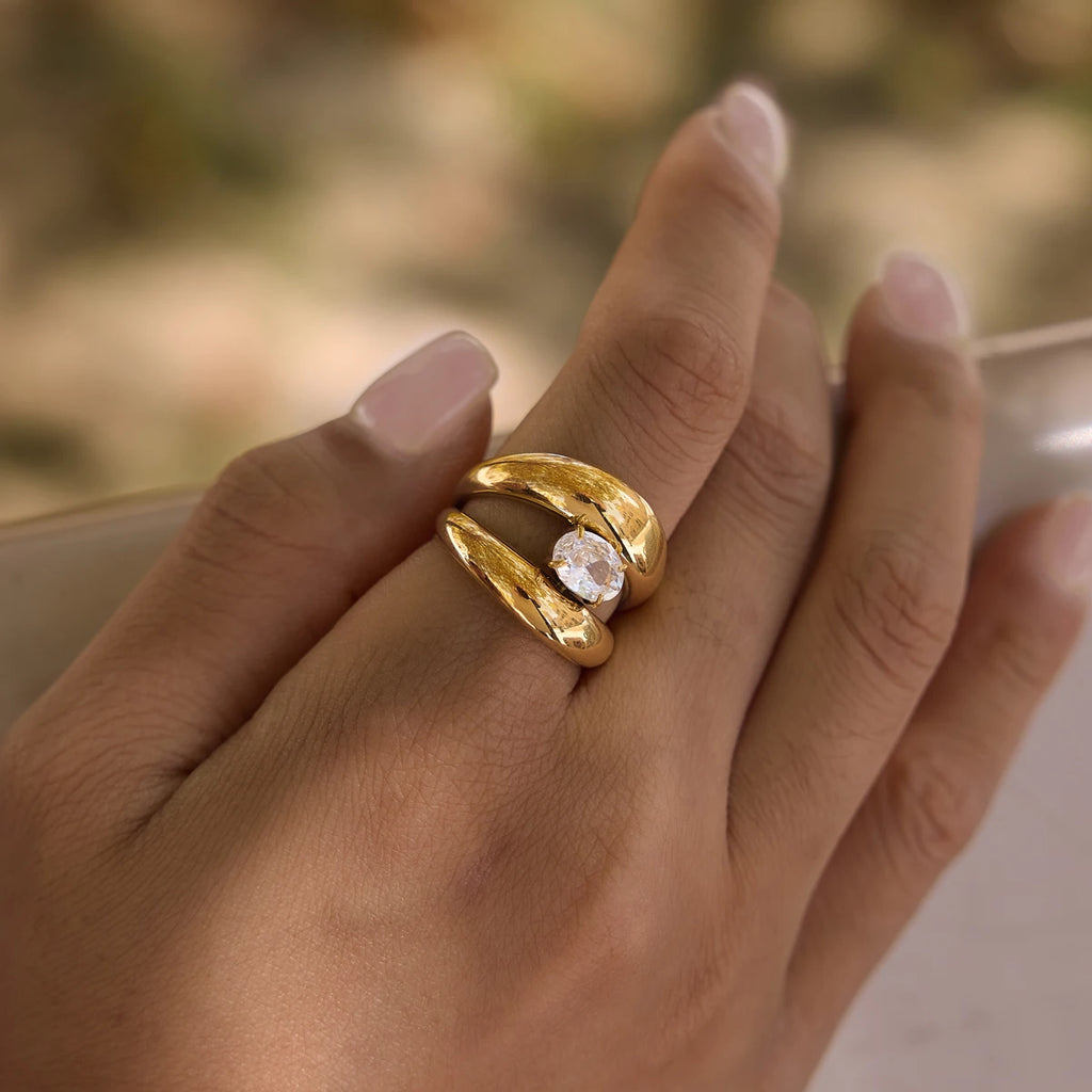 Kika Delicate Oval Zircon Double Layer Open Rings