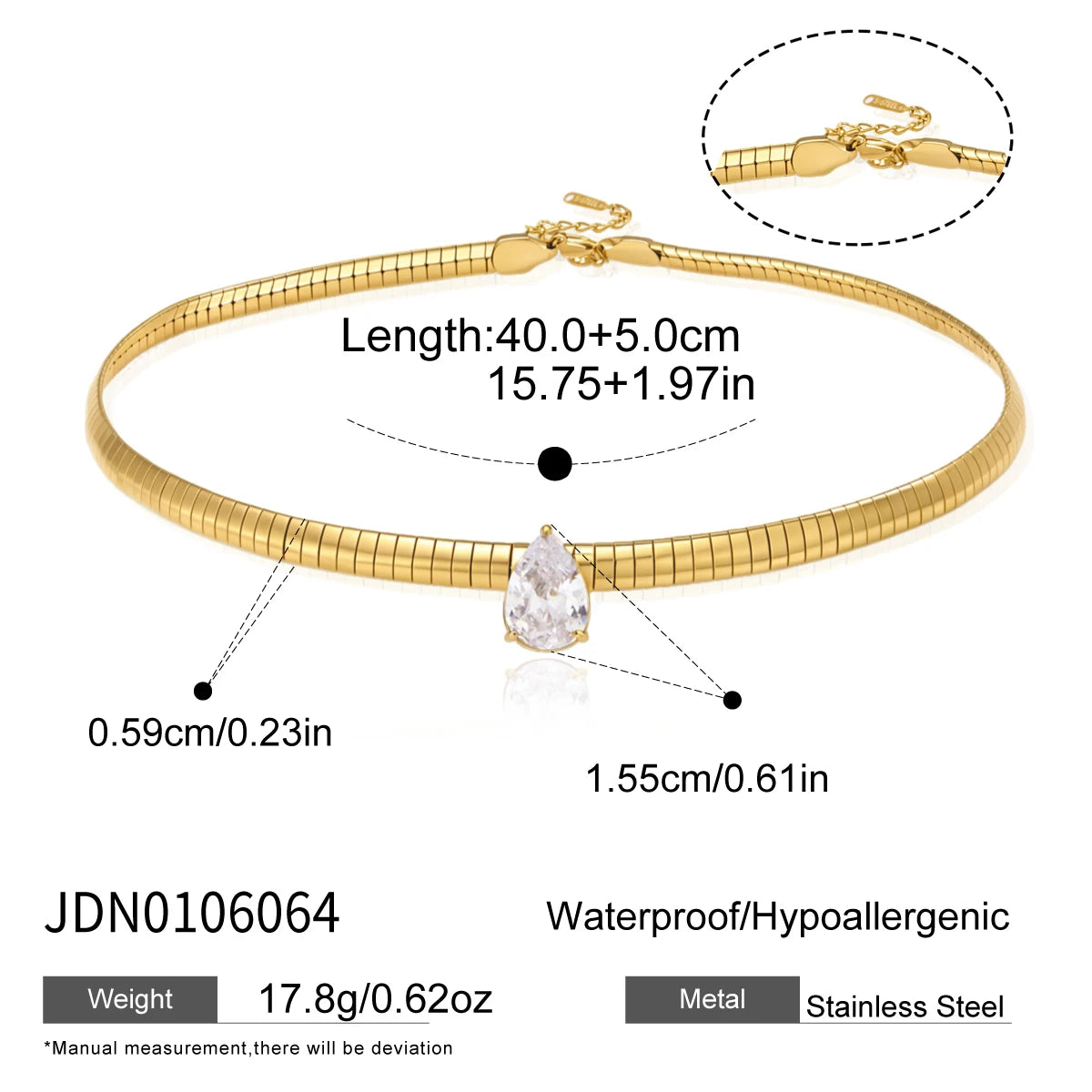 Kika Round Water Drop Zircon Pendant Necklace 18K Gold Plated Stainless Steel 316L