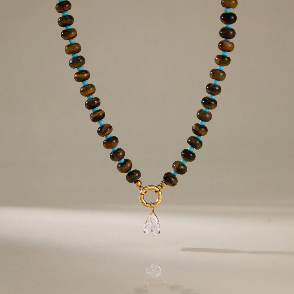 KIKA Water Drop Zircon Tiger Eye Stone Bead Necklace For Women 18K Gold Plated Stainless Steel Necklace Fashion Jewelry Gift