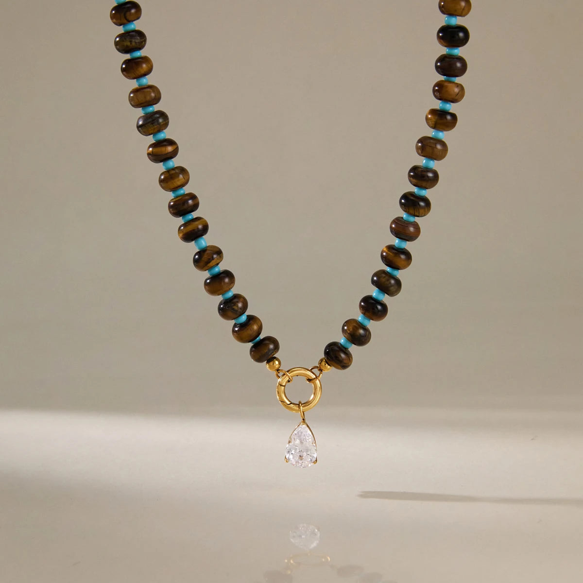 KIKA Water Drop Zircon Tiger Eye Stone Bead Necklace For Women 18K Gold Plated Stainless Steel Necklace Fashion Jewelry Gift