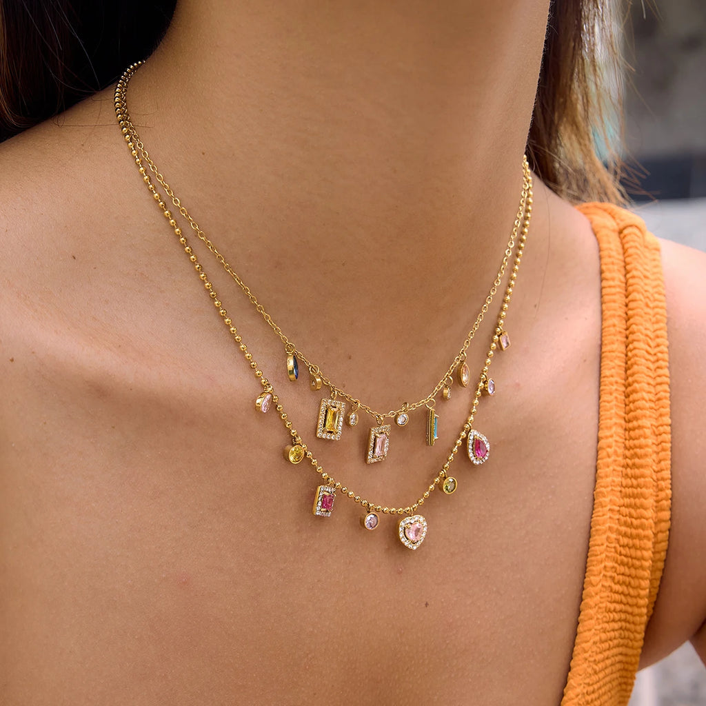 Kika Delicate 18K Colorful Square Geometric Zircon Pendant Bead Chain Necklace