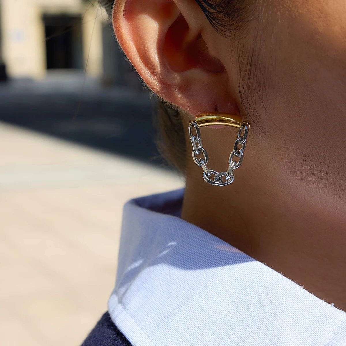 Minimalist 18K Gold And Silver Color-block Chain Tassel Earrings
