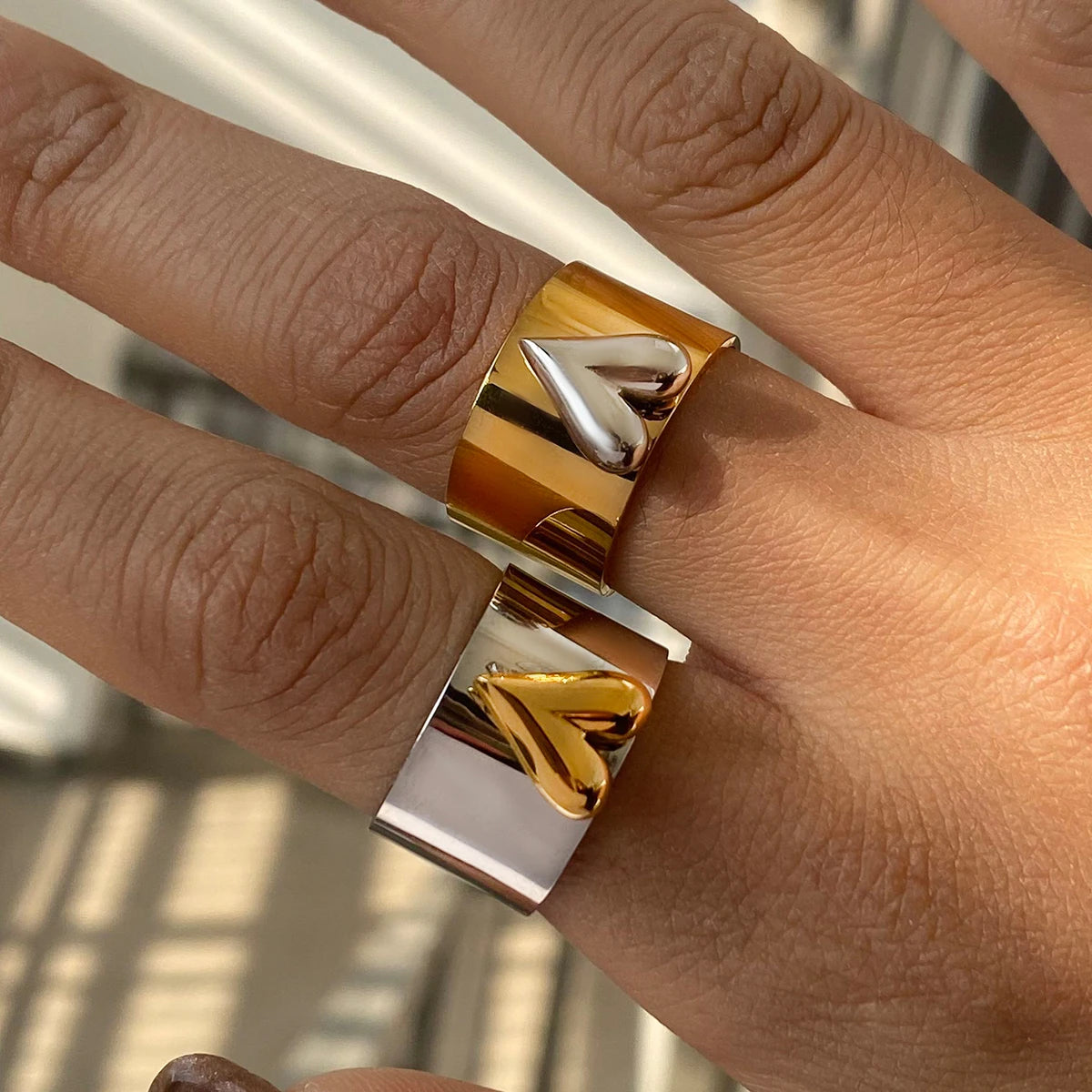 Kika Minimalism Gold And Silver Color Large Heart Cocktail Ring