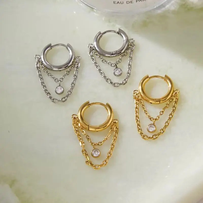 Kika Classic Steel Color Circular Zircon Chain Tassel Earrings
