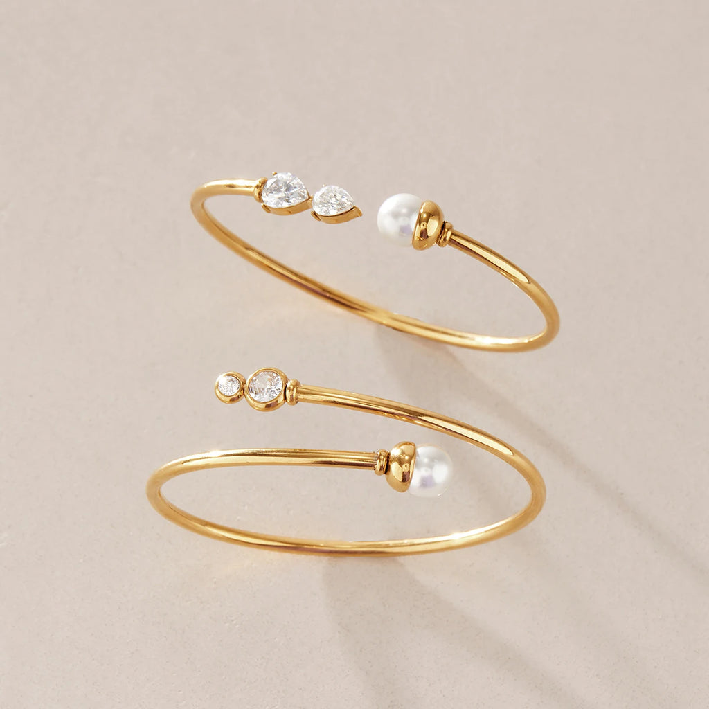 KIKA Imitation Pearl Geometric Zircon Soft Hollow Tube Cuff Bracelet For Women 18K Gold Plated Stainless Steel Bangle Jewelry