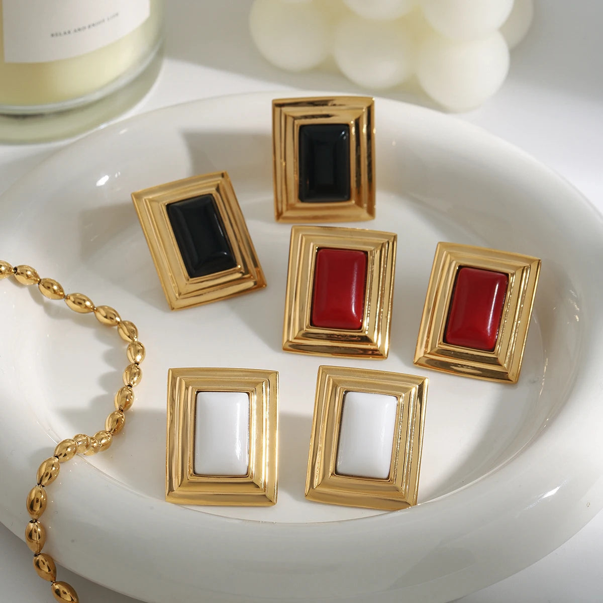 Kika Retro 18K Gold Color Plated Stainless Steel Agate Ear studs