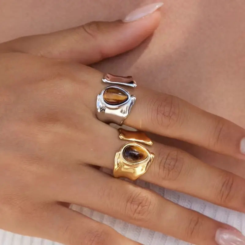 KIKA Vintage Water Drop Shape Tiger Eye Stone Open Rings 18K Gold PVD Plated Stainless Steel 316L